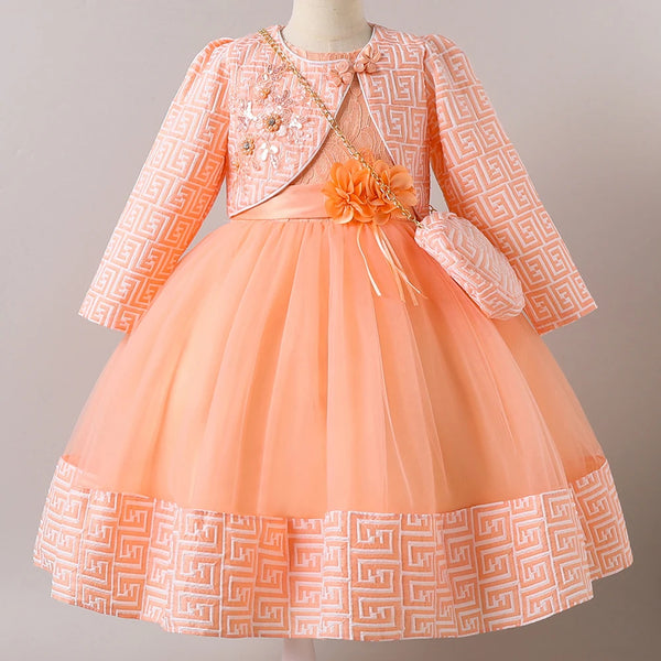 HETISO Girl Dresses with Bag long Sleeve Coat Tulle Princess Ball Gown for Kids in Party Birthday Graduation Christmas 3-10Y