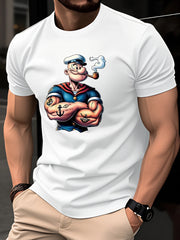 Summer Men's 100% Cotton Casual Fashion Classic Cartoon Pattern Printed Loose Sports Round Neck Short Sleeve T-shirt