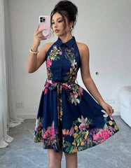 Tropical Print Halter Neck Dress, Vacation Style Backless Dress For Spring & Summer, Women Clothing Women Dress Summer Slimming