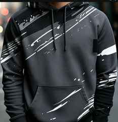 Casual Men Pullover Hoodie Abstract Graffiti Brush Print Long Sleeve Drawstring Pocket Streetwear Sweatshirt