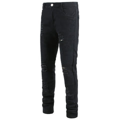 Trendy Brand Motorcycle Men's Jeans Unique Ripped Slim Fit Streetwear High Elasticity Smooth Slimming Effect Casual Denim