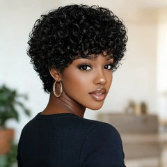 Short Pixie Cut Wig Human Hair Wig Afro Kinky Curly with Bangs for Women Full Machine Made Wig