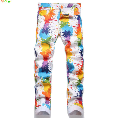 Men's White Jeans in Asian Sizes; Blue-Red-Green-Purple Printed Stretch Denim Pants; Stylish Slim-fit Trousers.
