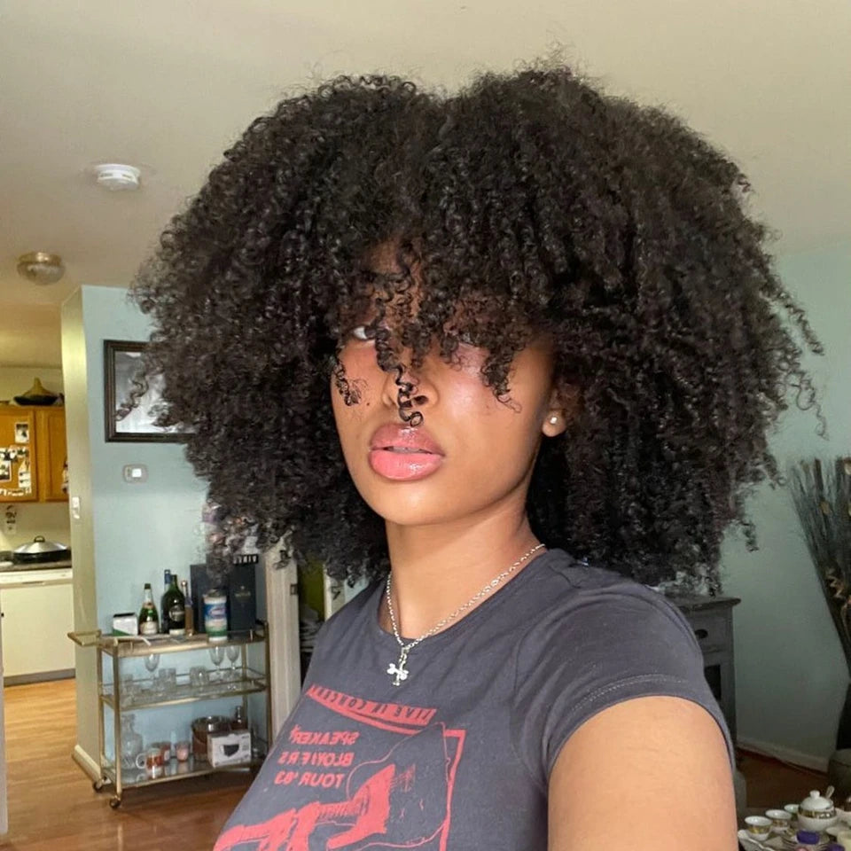 Mongolian Afro Kinky Curly wig with bangs wear to go Glueless wig Remy Brazilian Short Curly Bangs Wig Human Hair