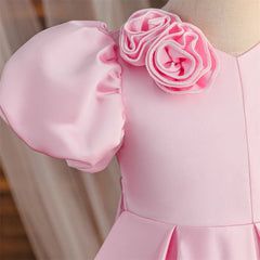 Girls Pink Puff Sleeve Knee Length Dress Kids Dresses for Girls Summer Children Girls Birthday Party Dress 8-12 Years ASQ03