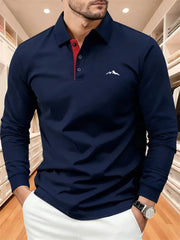 Men's Autumn Collared Polo Shirt Solid-Color Long-Sleeve Polo with Minimalist Chest Print Suitable for Business Casual and Golf