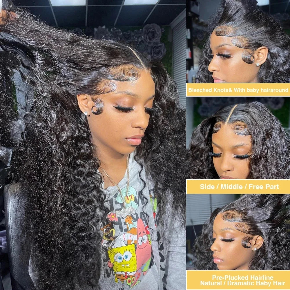 Deep Curly Wave 30 Inch Lace Front Wig Human Hair 13x4 Pre Plucked HD Lace Frontal Wigs For Women 180% Natural Black Brazilian