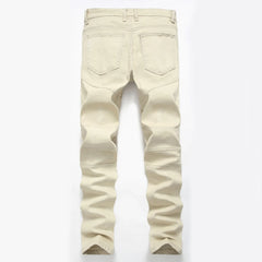 Trendy Brand Motorcycle Men's Jeans Unique Ripped Slim Fit Streetwear High Elasticity Smooth Slimming Effect Casual Denim
