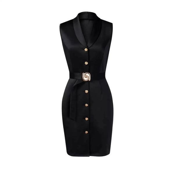 Midi Dress Spring Summer Women Black Sleeveless Blazer Collar Belted Button Front Bodycon Elegant Professional Office Dress
