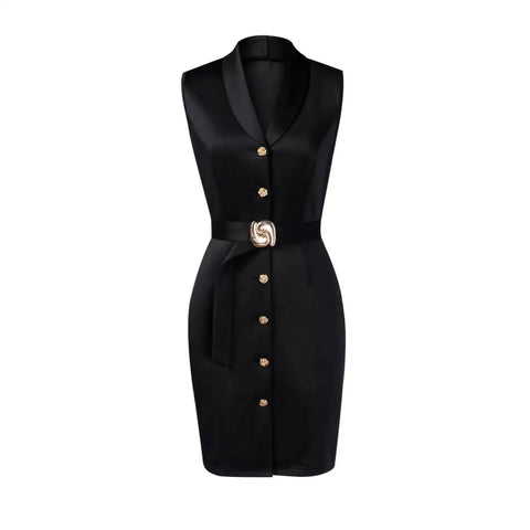 Midi Dress Spring Summer Women Black Sleeveless Blazer Collar Belted Button Front Bodycon Elegant Professional Office Dress