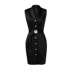 Midi Dress Spring Summer Women Black Sleeveless Blazer Collar Belted Button Front Bodycon Elegant Professional Office Dress