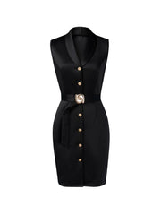 Midi Dress Spring Summer Women Black Sleeveless Blazer Collar Belted Button Front Bodycon Elegant Professional Office Dress