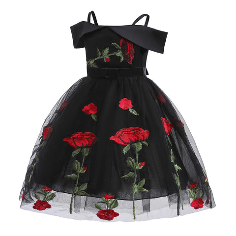 Girls Skirt Fashion Flower Printed Dress Off Shoulder Princess Skirt Children Rose Embroidery Mesh Skirt Frocks