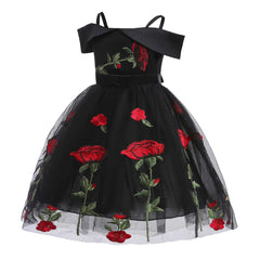 Girls Skirt Fashion Flower Printed Dress Off Shoulder Princess Skirt Children Rose Embroidery Mesh Skirt Frocks