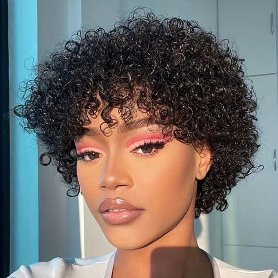 Debut Short Pixie Afro Kinky Curly Wigs for Black Women Glueless Natural Brown Bob Wig With Bangs Brazilian Human Hair Wigs