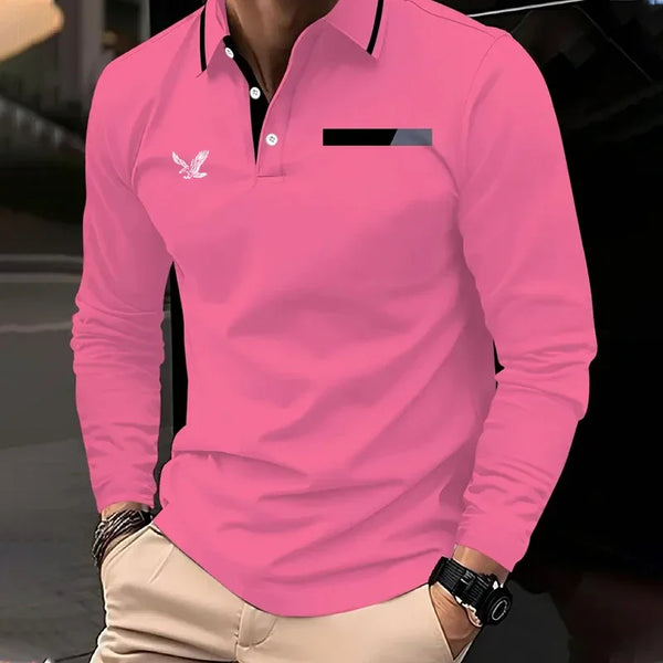 2025 Summer Men's long-sleeved lapel casual polo shirt Breathable and comfortable shirt Solid polo shirt High-quality