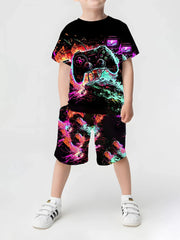 2025 Summer New Children's Set Girls' Summer Set Short Sleeve T-shirt Boys' Printed Casual Round Neck