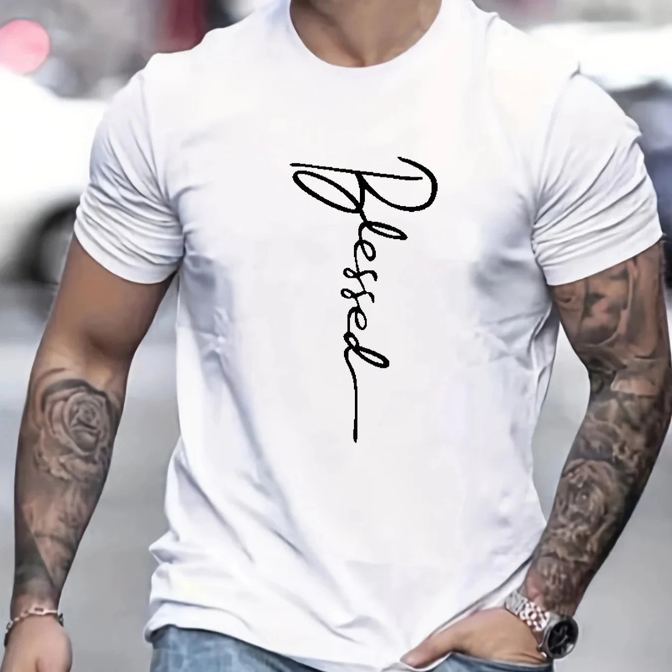Men's summer loose fit oversized Blessed printed slim fit casual sports round neck short sleeve