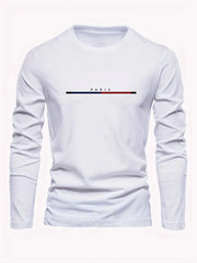 Men's 100% pure cotton loose fit plus size comfortable casual sports Paris letter printed round neck long sleeved T-shirt top