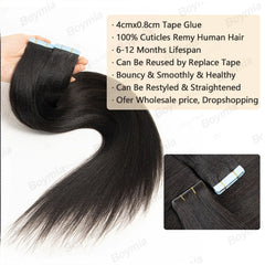 Invisible Tape In Hair Extensions Human Hair Kinky Straight/Light Yaki Straight Injected Tape ins Remy Black Tape On Hair 20PCS