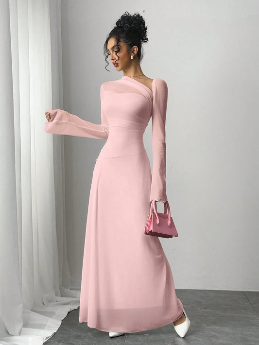 New spring/summer women's pink tulle explosion slim irregular diagonal shoulder ultra long dress