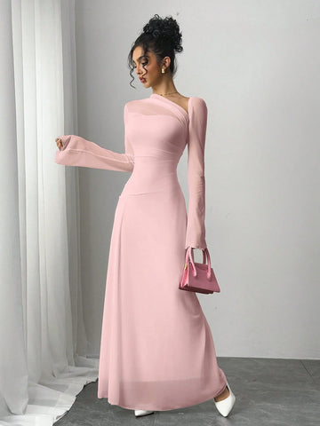 New spring/summer women's pink tulle explosion slim irregular diagonal shoulder ultra long dress