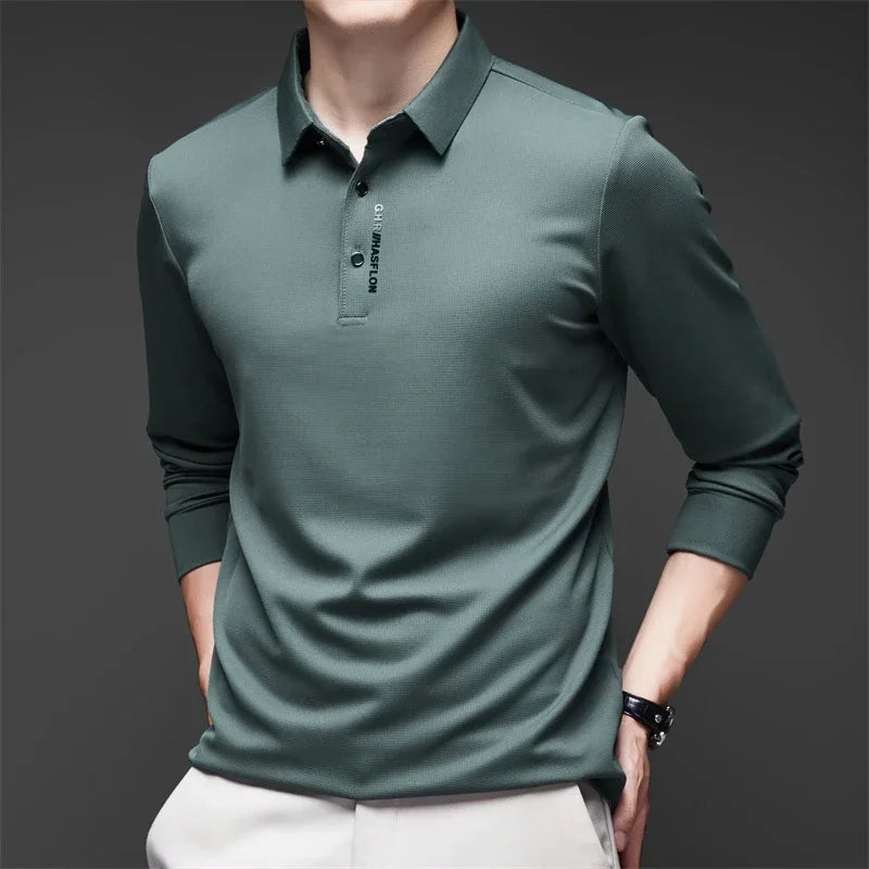 New Men's Business Casual Long Sleeved Shirt with Badge Solid Color Polo Shirt