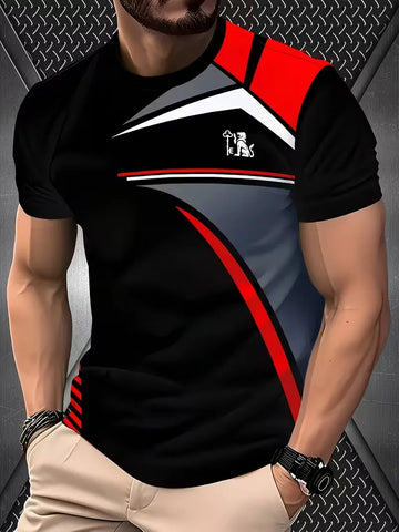 Fashion men's minimalist striped printed T-shirt summer leisure outdoor sports fitness round neck short sleeved men's shirt top
