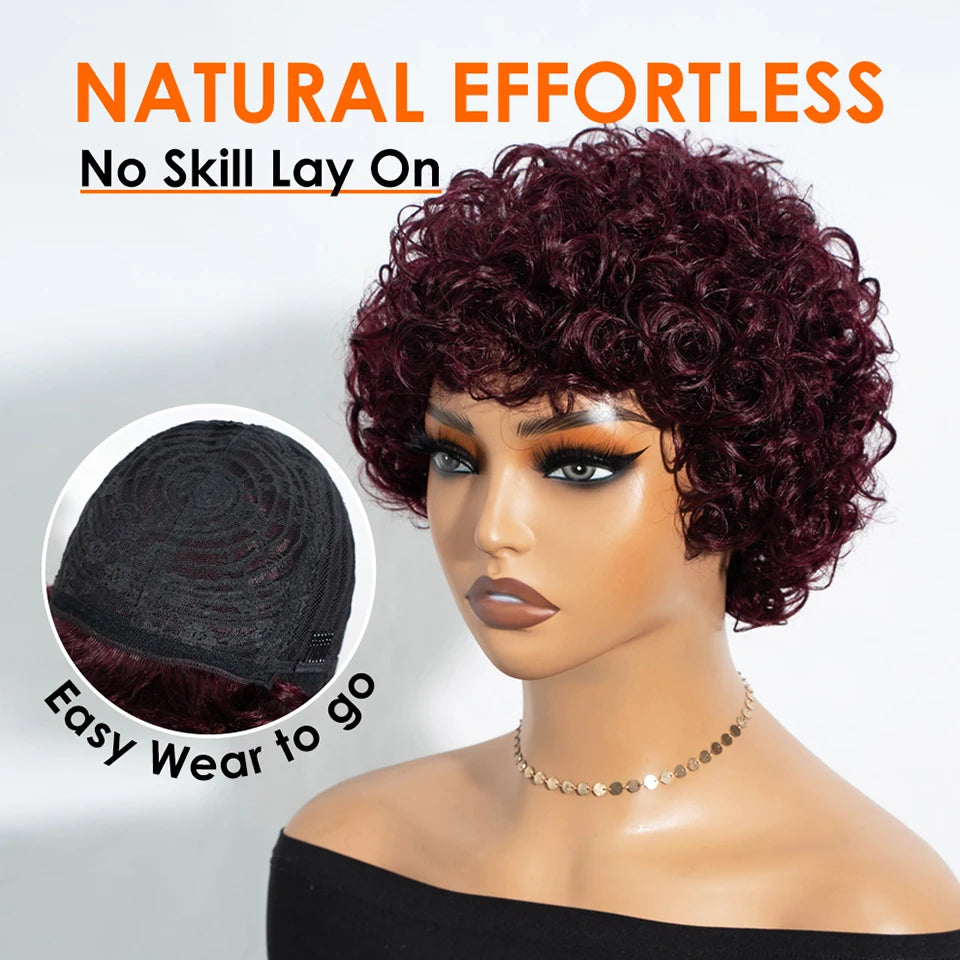 Debut Short Pixie Afro Kinky Curly Wigs for Black Women Glueless Natural Brown Bob Wig With Bangs Brazilian Human Hair Wigs