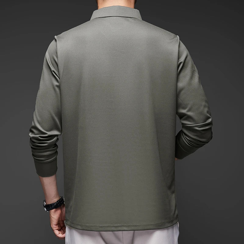 New Men's Business Casual Long Sleeved Shirt with Badge Solid Color Polo Shirt