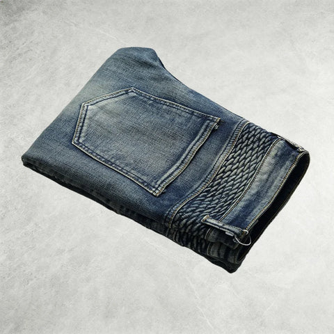 New American high street men's blue washed jeans nostalgic motorcycle pleated riding knee pants casual pants