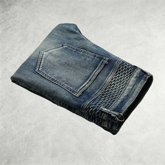 New American high street men's blue washed jeans nostalgic motorcycle pleated riding knee pants casual pants