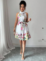 Tropical Print Halter Neck Dress, Vacation Style Backless Dress For Spring & Summer, Women Clothing Women Dress Summer Slimming
