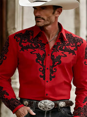 Men's Western Cowboy Style Fashion Print Long-Sleeve Shirt, Retro Lapel Slim Fit, Outdoor Casual Shirt, Sizes XS-6XL, 21 Colors