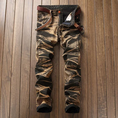 Jeans Men Vintage Distressed Pencil Pants Mid Waist Zipper Pockets Slim Ankle Length Trousers