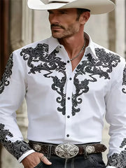 Men's Western Cowboy Style Fashion Print Long-Sleeve Shirt, Retro Lapel Slim Fit, Outdoor Casual Shirt, Sizes XS-6XL, 21 Colors
