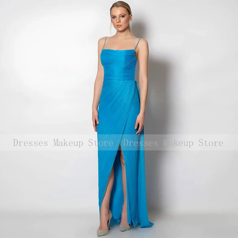 Concert Costumes Elegant Gemstone Sky Blue Chiffon Pleat Front Fork Elegant dress