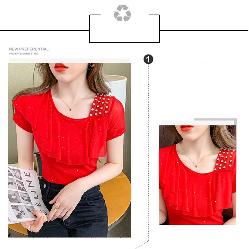 Summer 2022 Mesh T-Shirt Women Handmade Diamonds Ruffles Women Tops Tees Slim Sexy Oblique Collar Short Sleeve New T26201