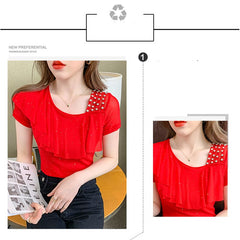 Summer 2022 Mesh T-Shirt Women Handmade Diamonds Ruffles Women Tops Tees Slim Sexy Oblique Collar Short Sleeve New T26201
