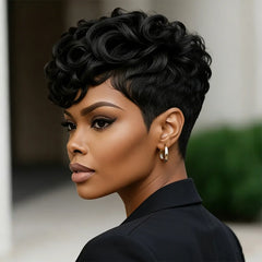 Curly Pixie Cut Wig For Women 100% Human Hair Full Machine-Made Natural Realistic Breathable Rose-Patterned Inner Net Soft Cap