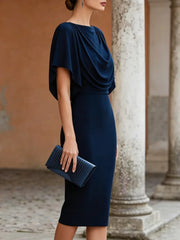 Women's Short Sleeve Midi Dress Cowl Neck Draped Cape Top Bodycon Skirt Elegant Party Evening