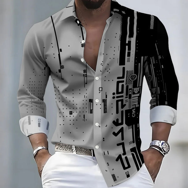 Men's 21-Color Long-Sleeved Shirt Loose Fit Black White Patchwork Geometric Letter Print Stylish Design Casual Fashion Top