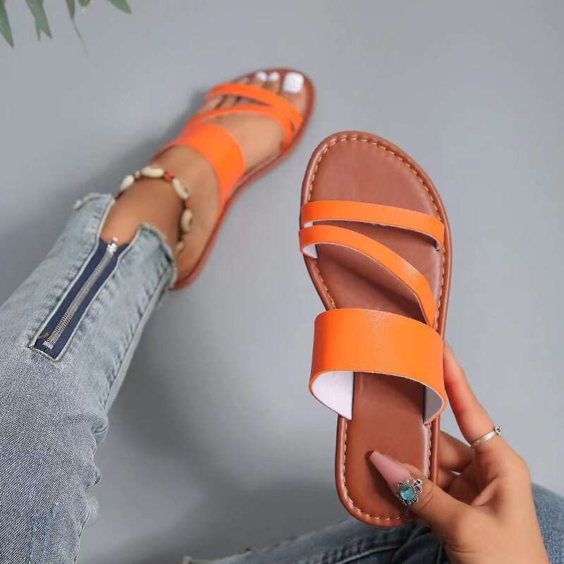 Women&#39;s Slippers Summer Sexy 2023 Leather Open Toe Shoes Outdoor Beach Casual Flat Female Slides Soft Zapatos De Mujer PU1