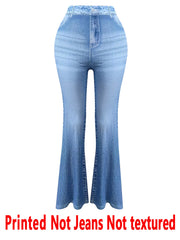 1578 [Printed Pants - Not Faux Denim Fabric]2D Printed Faux Effect, Printed Flared Trousers - Non-Faux Denim