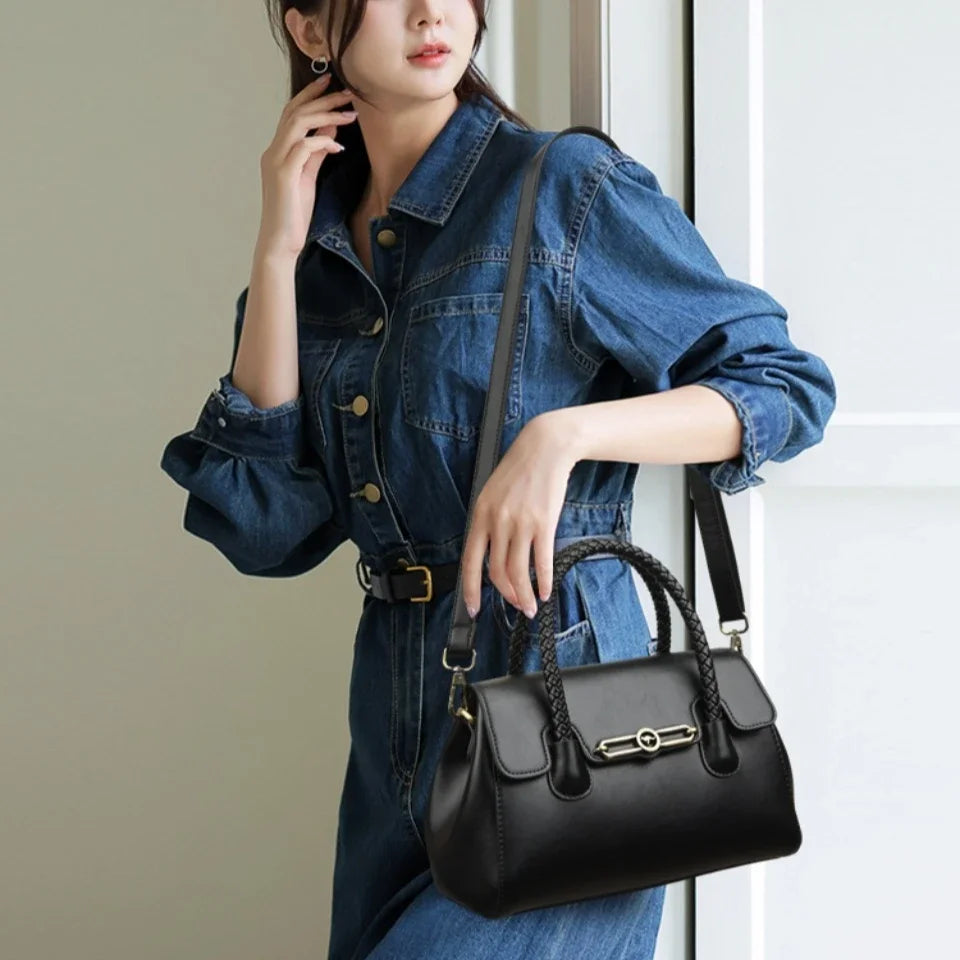 Retro High Quality Oil Leather Women Top-handle Shoulde Bags Vintage Casual Totes Trendy Lock Designer Handbag Small