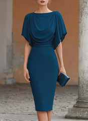 Women's Short Sleeve Midi Dress Cowl Neck Draped Cape Top Bodycon Skirt Elegant Party Evening