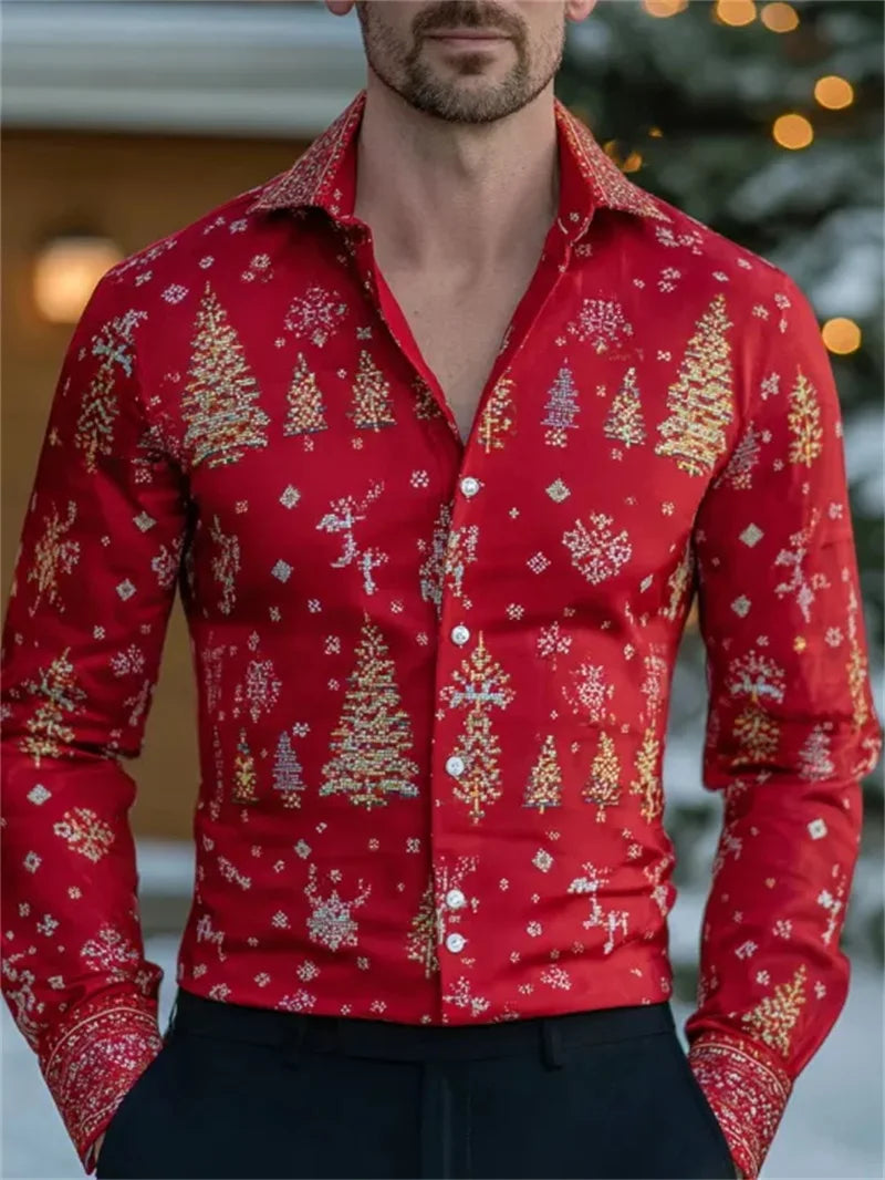 Men's business long sleeved button up shirt, Christmas 3D printed pattern, fashionable long sleeved casual shirt, high-quality c