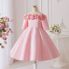 New Girls Pink Knee Length Shoulderless Dress Older Children Shoulder 3D Flower Dress Party Catwalk Evening Dress 8-12Y ASQ03
