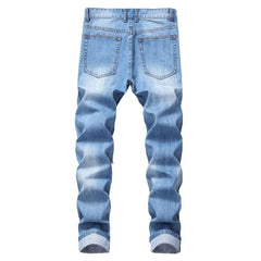 American Fashion Street Style Ripped Skinny Jeans  Street Riding Stretch Slim Fit Straight Pants Patchwork  Denim Trousers Male