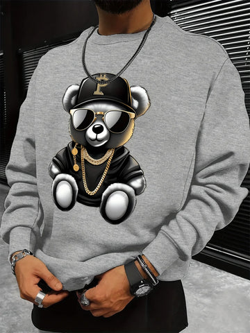 Men's autumn and winter fashionable casual loose cool bear cartoon graphic print fleece long sleeved